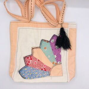 Peach Repurposed Fan Quilt Tote Bag With Pockets and Hanging Fuzzy Charm